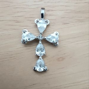 Cross Pendant, Silver Tone, 5 Crystal Stones